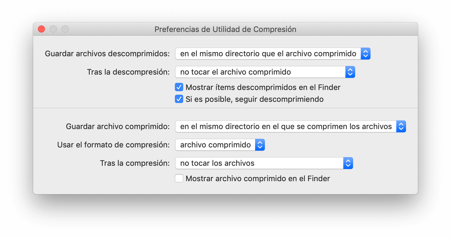 Preferencias de la Utilidad de Compresión de Mac