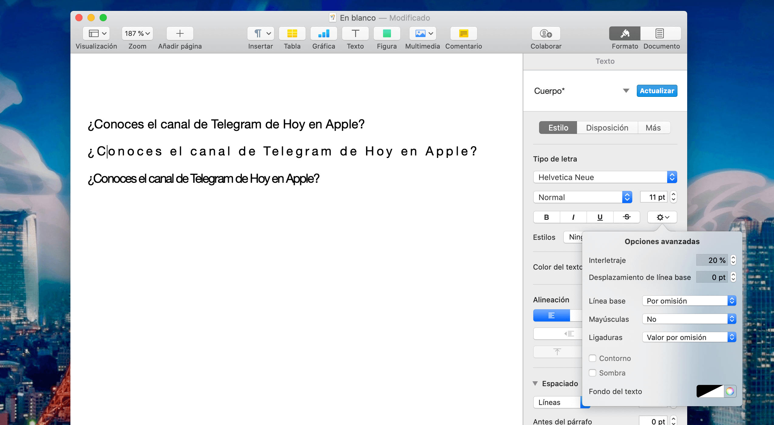 Cómo ajustar el espaciado entre caracteres en Pages para Mac