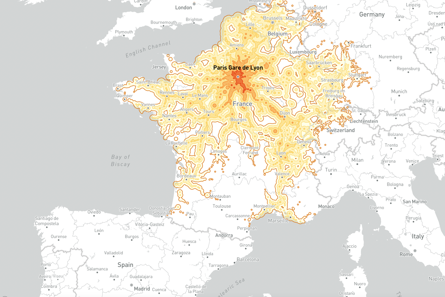 Descubre cuán lejos puedes llegar tras 5 horas en tren desde cualquier ciudad de Europa con este interesante mapa